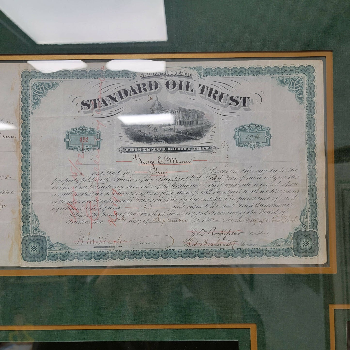 Standard Oil Trust Certificate signed by John D. Rockefeller and Henry Flagler
